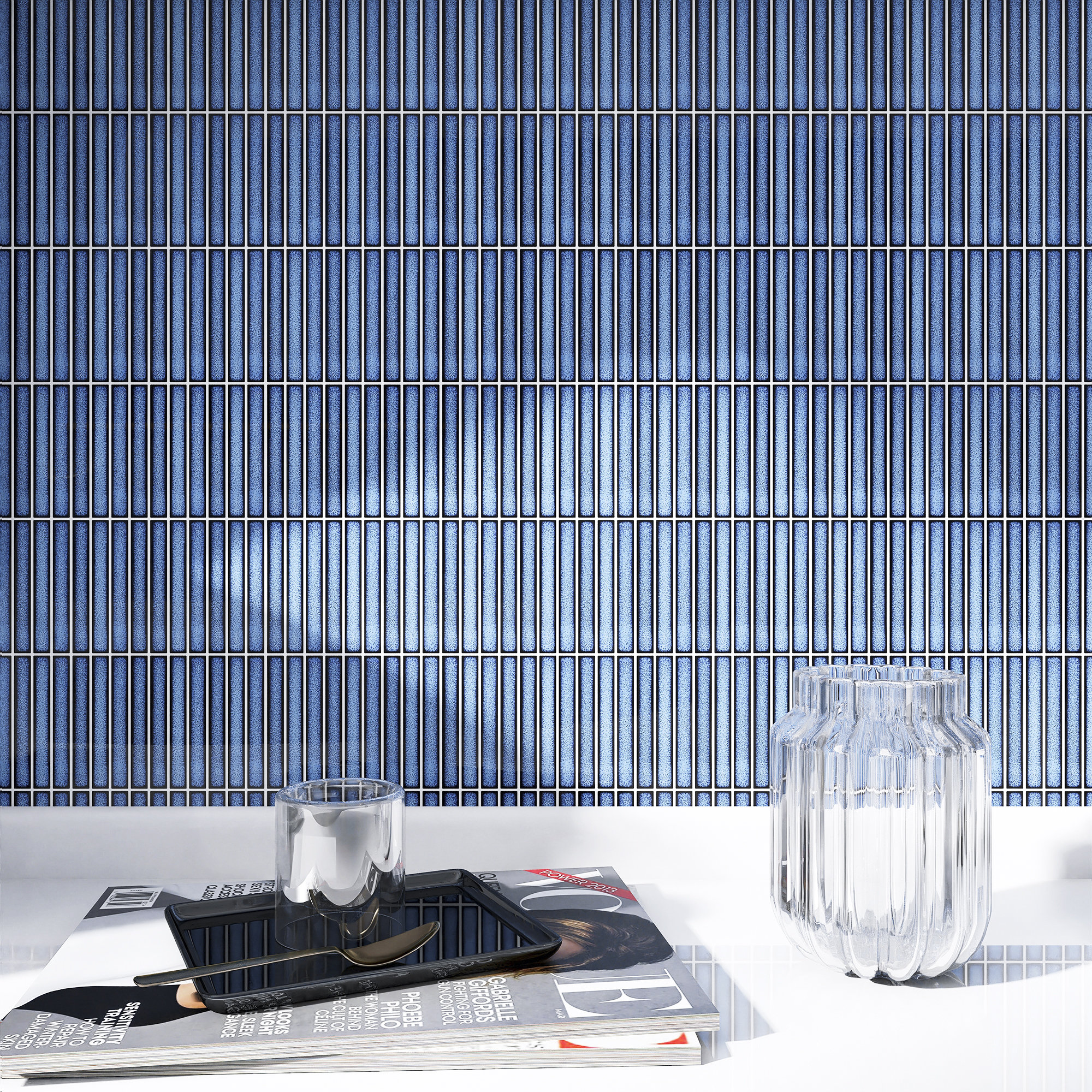Porcetile 0.48" x 3.63" Stacked Glossy Porcelain Mosaic Wall and Floor Tile, Reactive Ocean