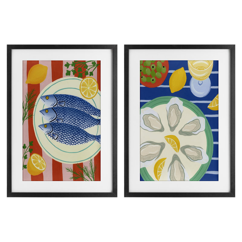 Ensemble de 2 fruits de mer à motif de fruits de mer, impression par Courtney Haley, H 20 po x l 14 po, Cadre noir minuit
