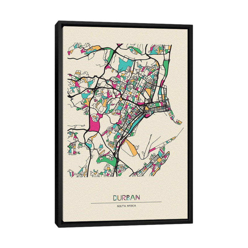 Durban, South Africa Map by Ayse Deniz Akerman - Floater Frame Gallery-Wrapped Canvas Giclée on Canvas
