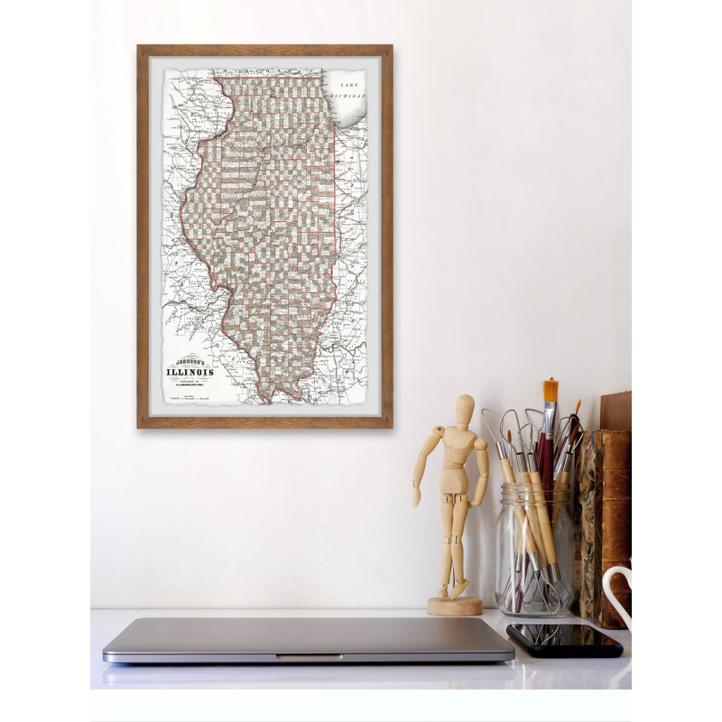 Carte rétro de l'Illinois, impression encadrée sur papier, H 36 po x l 24 po x 1,5 po