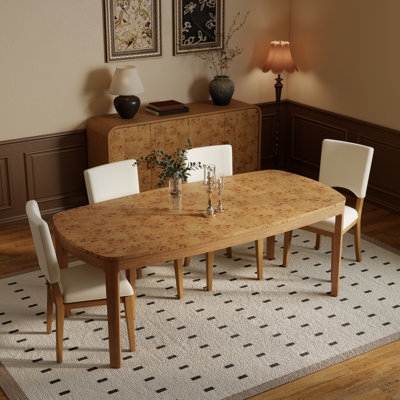 Adden Mid-century Modern Wood Dining Table With Figured Burl Veneer Top, Oak Finish, Curved Edge Design
