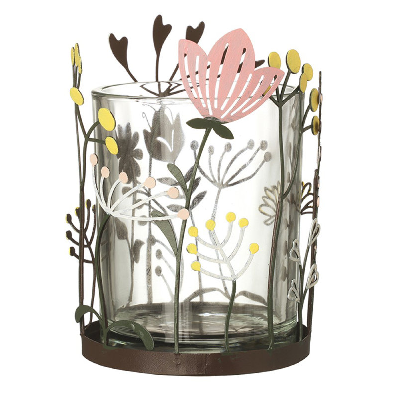 Glass, Metal Tabletop Tealight Holder, Pink/Yellow