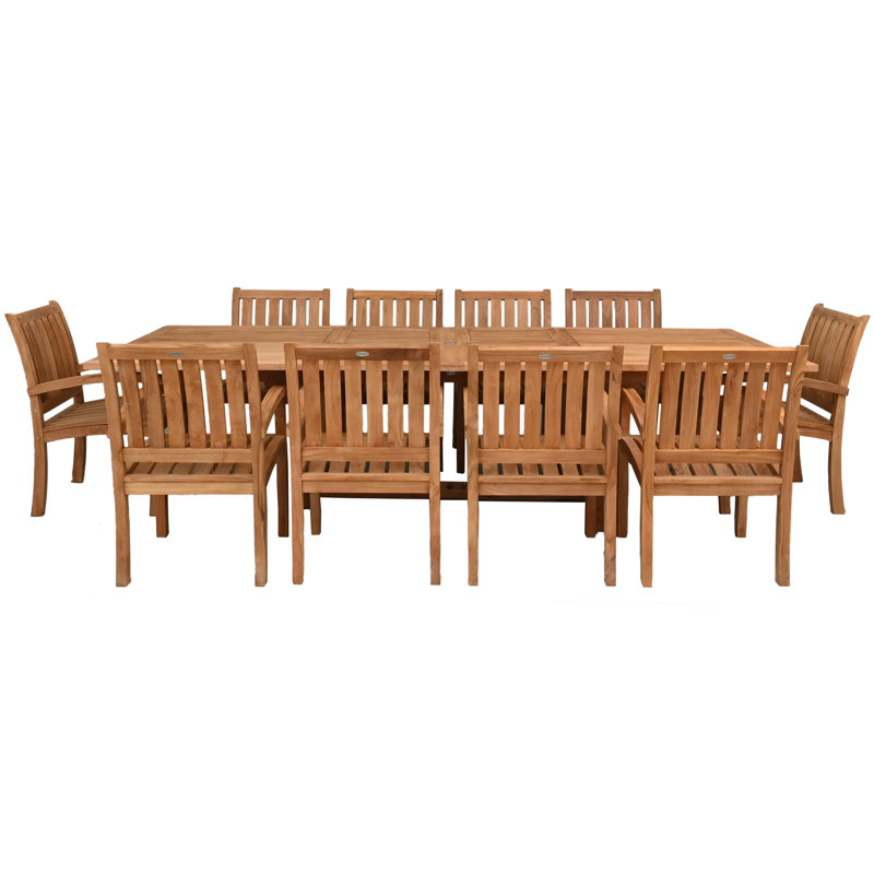 Ensemble de salle à manger 11 pièces en bois de teck avec table à rallonge double rectangulaire et 10 chaises Abacho