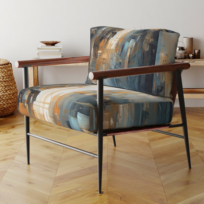 Fauteuil d'appoint rembourré en velours orange et bleu avec motif géométrique