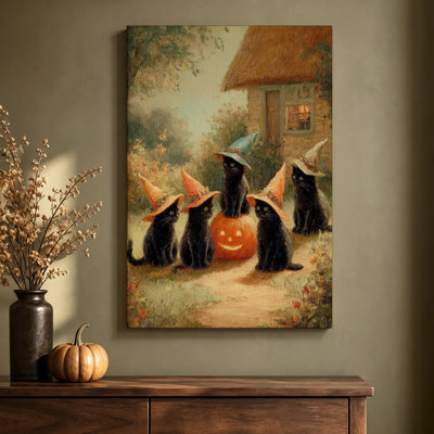 Décoration murale sur toile tendue de style cottagecore pour l'Halloween : chats noirs coiffés de chapeaux de sorcière et citrouille, 61 x 91 cm