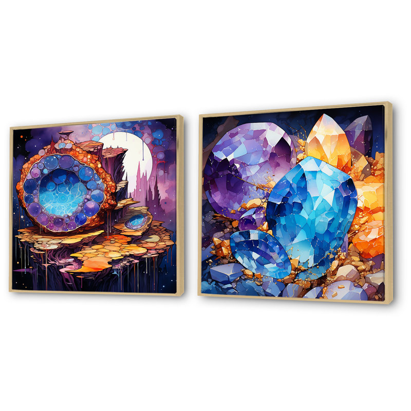 Or et bleu cristal Stone Core I - ensemble de salon d'art mural en pierre, Encadrement brun, H 30 po x l 61 po x P 1 po