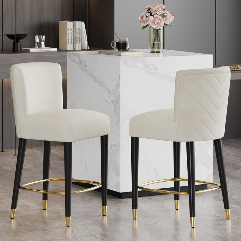 Tabouret de bar moderne en tissu avec repose-pieds circulaire au fini doré, design sophistiqué et luxueux, Blanc