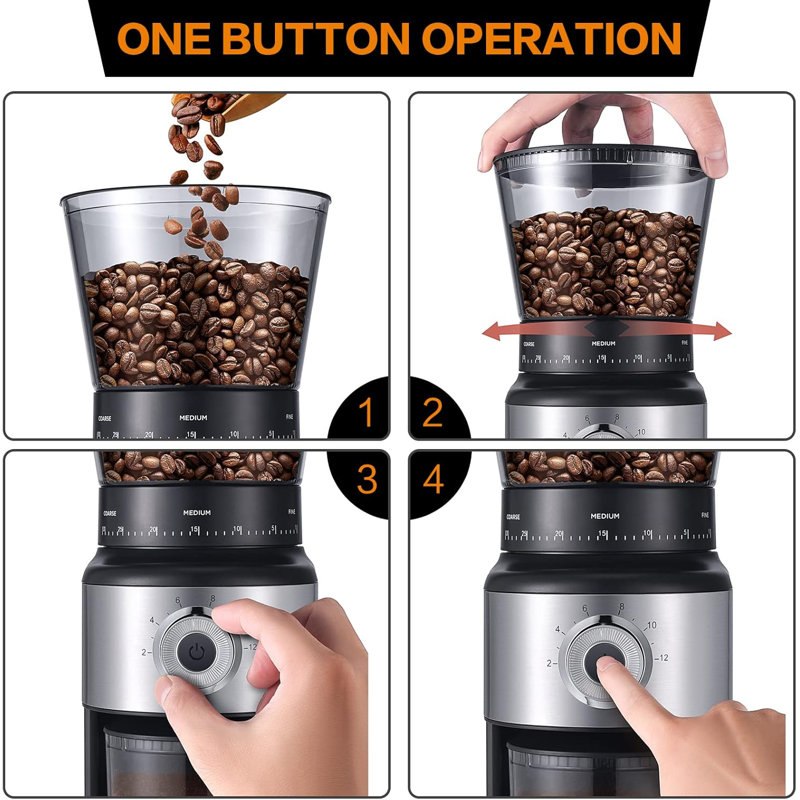 Moulin à café Burr, moulin à café conique électrique avec 30 réglages de mouture réglables, 2 à 12 tasses, acier inoxydable