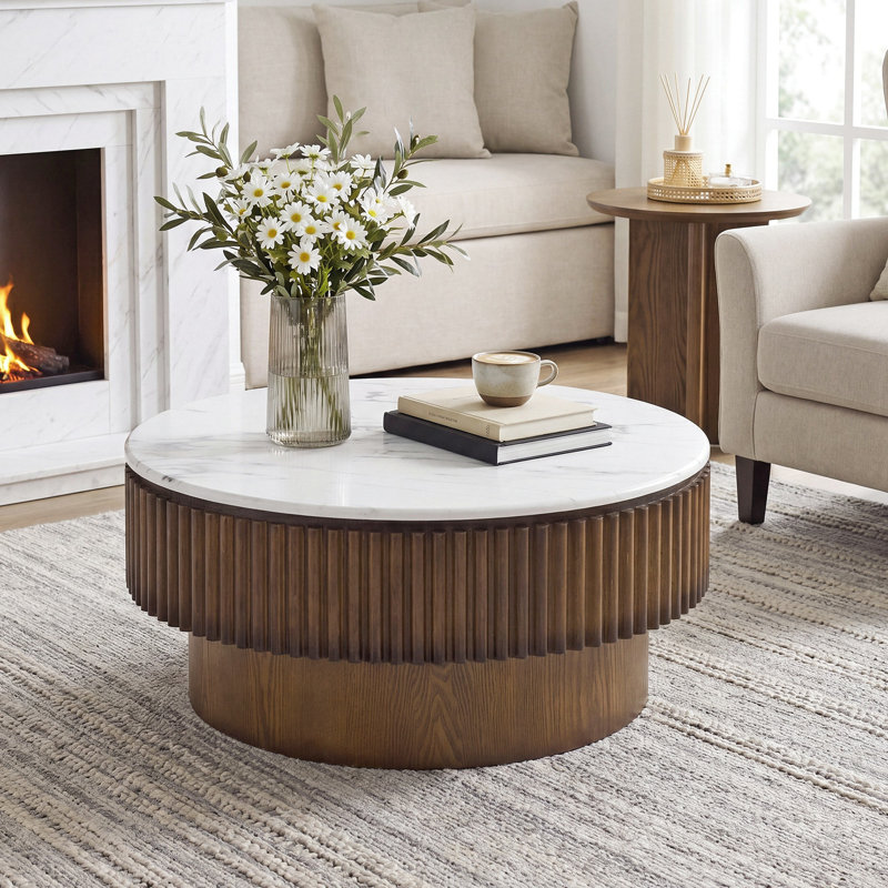 Table basse ronde de 31,49 po avec rangement, petite table basse moderne avec plateau à motif de marbre blanc et base cannelée en bois massif, table centrale pour salon, appartement, bureau