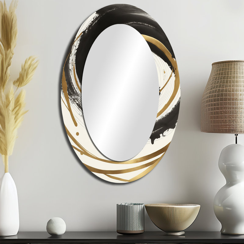 Black And Gold Curves III - Black Modern Oval Wall Mirror, 36" x 24"