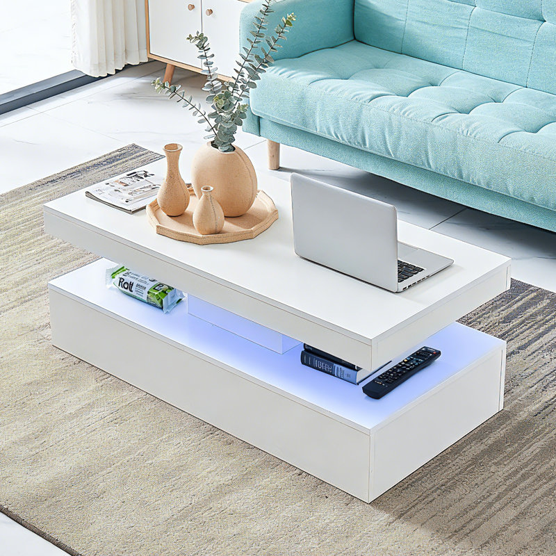 White High Gloss 100cm Coffee Table with Led Light 16-Colour for Living Room