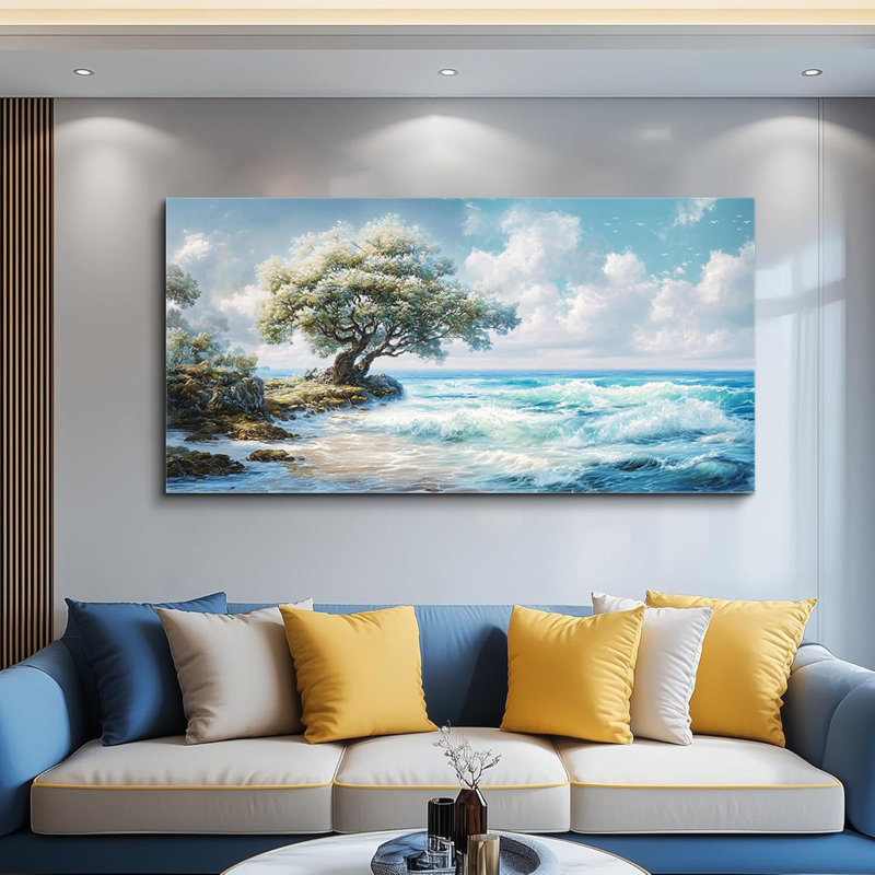 Grande décoration murale côtière pour le salon, coucher de soleil, plage, coucher de soleil, bleu, océan, vagues, paysage marin, arbres, paysage