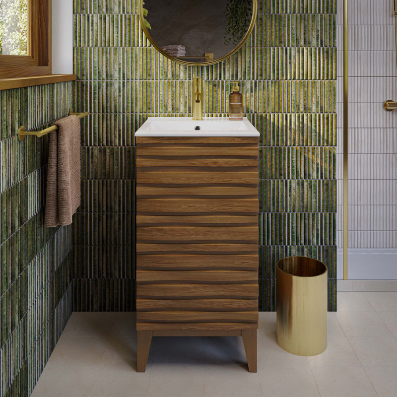 Meuble-lavabo 18 po Cascade en chêne naturel, Brun, Blanc