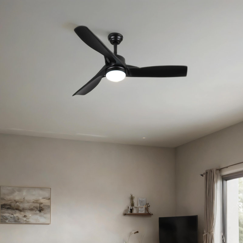 Ventilateur de plafond noir 52 pouces avec lumière, ventilateur de plafond avec 3 pales réversibles, 2 tiges verticales, télécommande à 6 vitesses