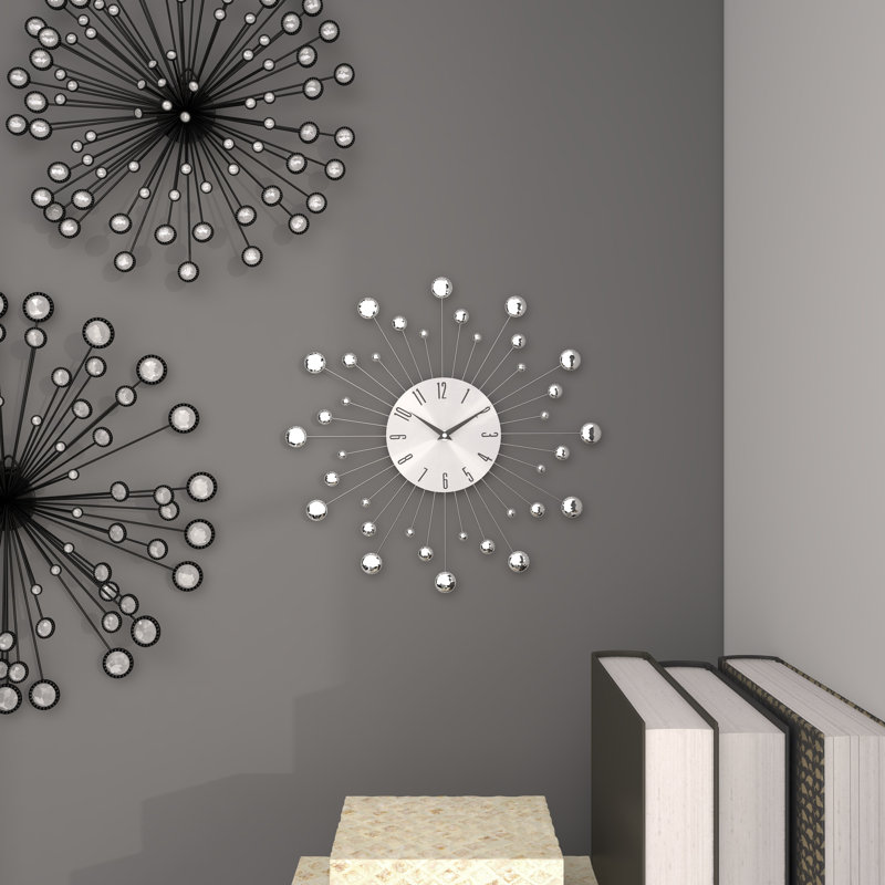 Metal Starburst Decorative Wall Clock with Crystal Accents, Silver