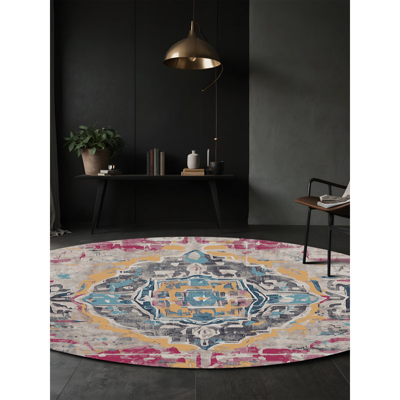 Tapis gris soyeux et moelleux, Rond 5 pi