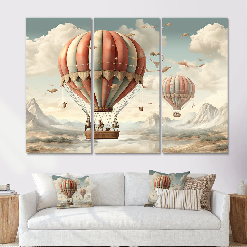 «A Playful Hot Air Balloon Bliss II» - ensemble d'art mural à montgolfière, H 32 po x l 48 po x P 1 po, Toile tendue