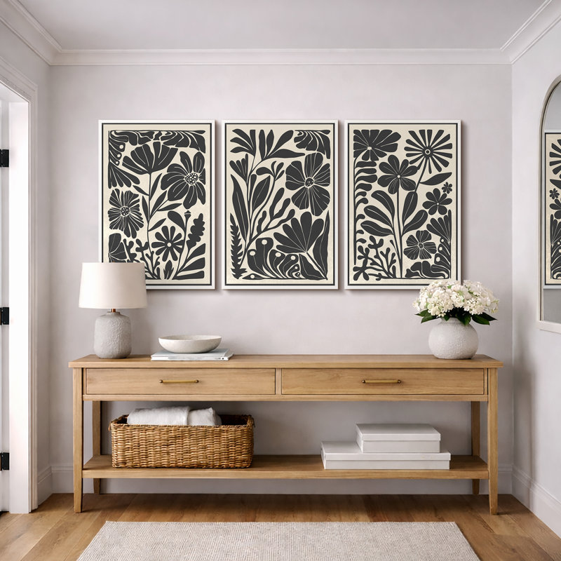 Abstrait botanique, art floral bohème noir et beige, photos murales de salon de style Mid-Century moderne, impression sur toile encadrée, 3 pièces, 16 po x 24 po x 3 pièces, 24 po x 36 po x 3 pièces, 20 po x 60 po x 3 pièces