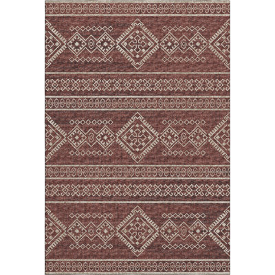 9' X 12' Burnt Sienna And Ivory Tribal Washable Area Rug With UV Protection