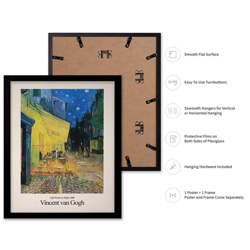 Van Gogh - terrasse de café la nuit, Cadre noir, Affiche, H 16 po x l 20 po