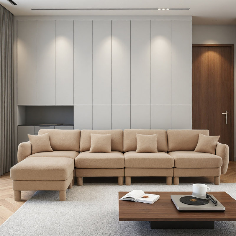 Boucle Fabric Convertible L Shape Sectional 4-Seater Sofa Couch With Distinctive Shell-Shaped Armrests And Removable Ottoman