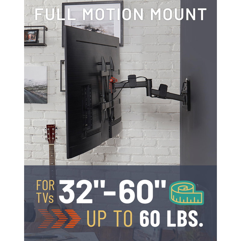 Swivel Full Motion TV Wall Mount For Tvs Up To 60" - Smooth Extention, Tilt - Wall Template For Easy Install On 1 Stud - Level & Hide Cables After Install