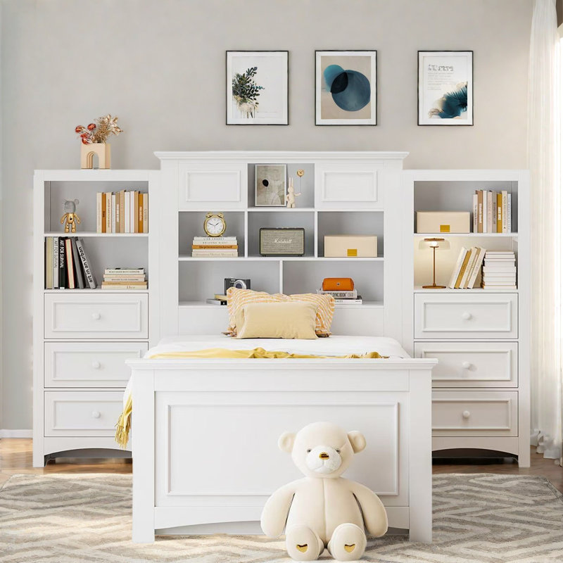 Lit plateforme en bois avec tiroirs et compartiments de rangement, Blanc