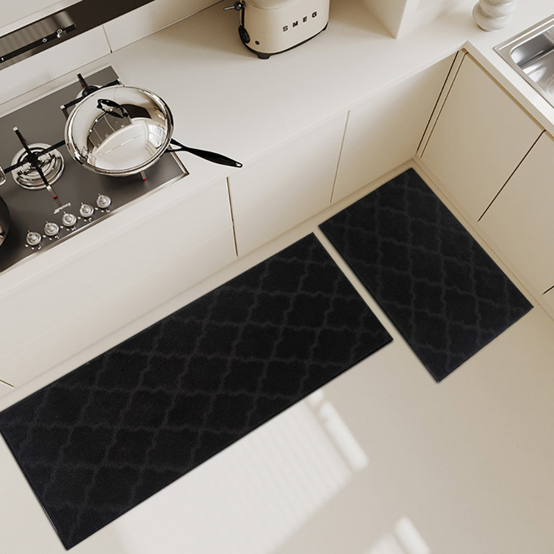 Kitchen Floor Mats, Washable, Polyester, Non-Skid, 2 PCS Set, Black