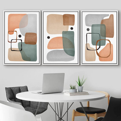 Mid Century Shape " IDEA4WALL Framed Wall Art Print Set Retro 1960s Pastel Polygon Collage Abstract Shapes Illustrations Modern Decorative Multicolor Relax/Calm Boho For Living Room, Bedroom, Office " 3 - Pieces