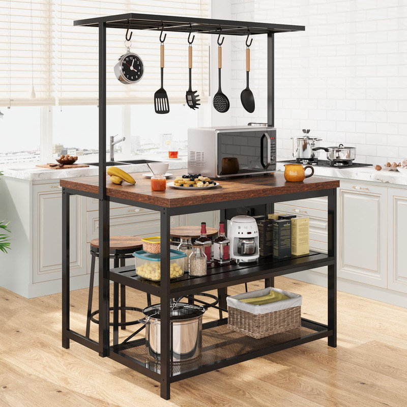 48" Kitchen Island with Power Outlets - Mobile Bakers Rack with 3 Shelves, Microwave Stand & 5 Hooks, 400lb Capacity (Brown)
