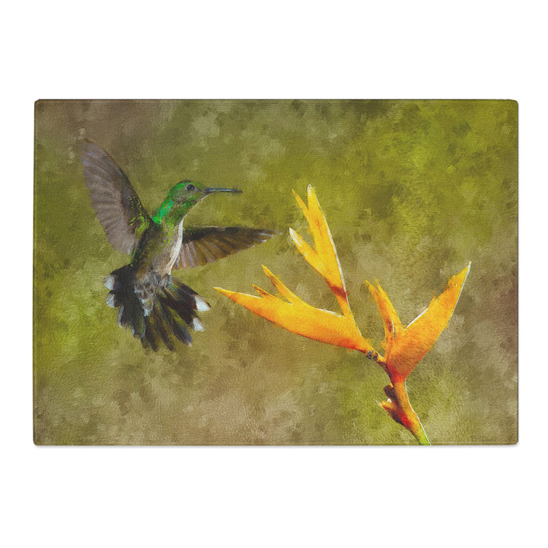 Tempered Glass Hummingbird by a Flower Chopping Board, 28.5 cm x 39 cm