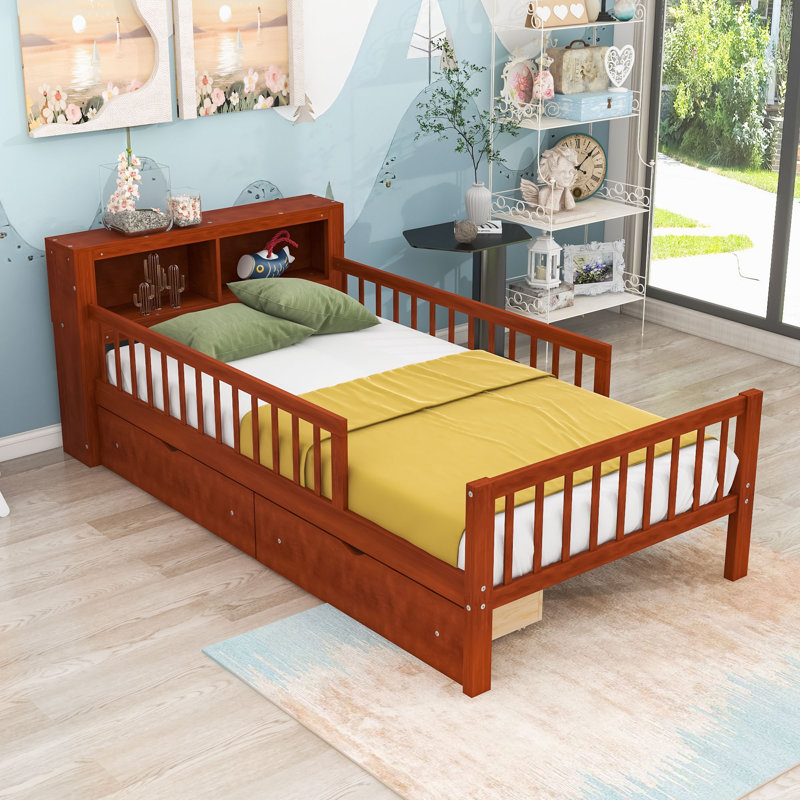 Lit simple en bois avec support de tête de lit et deux tiroirs, Noyer
