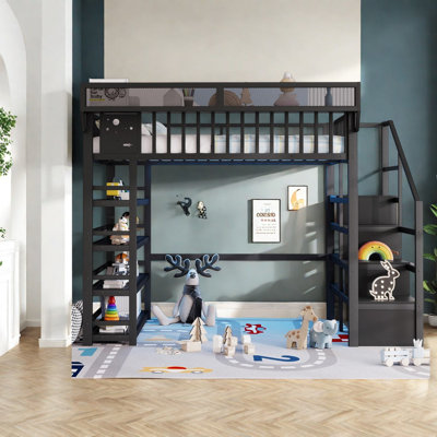 Lit mezzanine double avec rangement, en métal noir, style moderne gain de place, pour chambre d'enfant