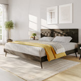 Georgina Solid Wood Platform Bed Frame with Headboard, Mid Century Geometric Pattern