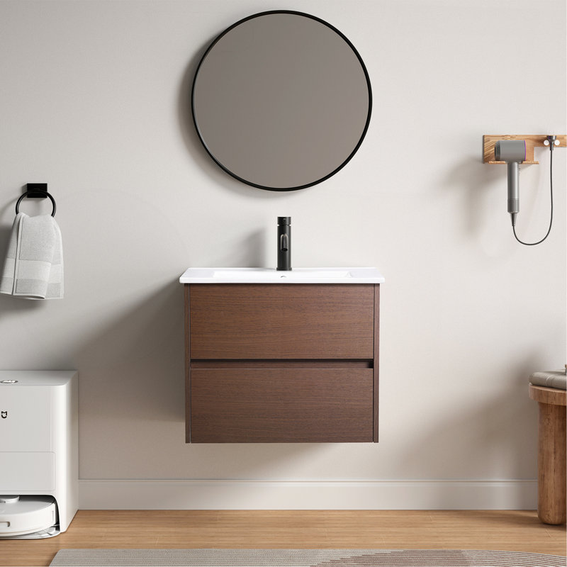Meuble-lavabo mural brun foncé, assemblage facile, tiroir à fermeture en douceur avec glissières de qualité supérieure, fabrication en bois robuste, emballage sécuritaire sans lavabo