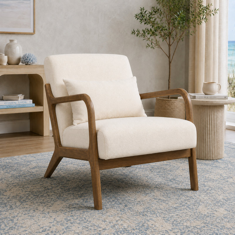 Fauteuil d'appoint Mid Century, Noyer, Blanc antique et lin en coton