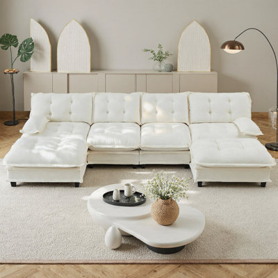 138" U-Shaped Modern Sectional Cloud Couch with 2 Ottomans, Modular Deep Seat Sofa Chenille Fabric, 4-Seat Comfy Lattice Cushion Sofa for Living Room, Bedroom & Apartment