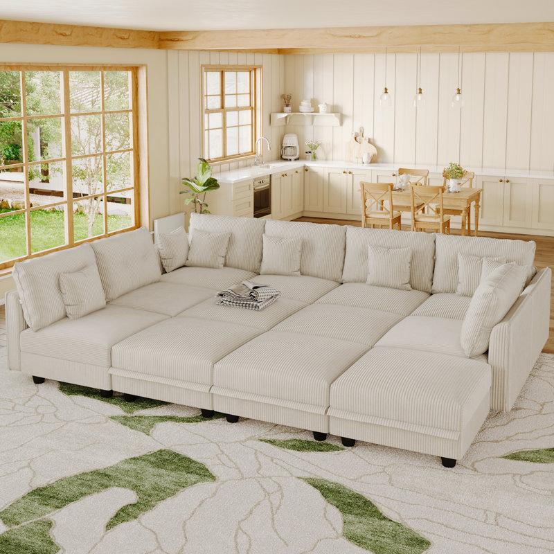 12 Seat Corduroy Convertible Modular Sectional Sofa With Storage, 7 Back Cushion 7 Throw Pillow, Beige Corduroy