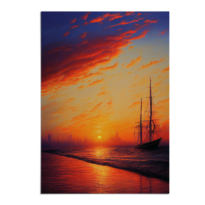 Sunset Over The Ships - Painting, Paper, No Matte, 46cm H x 34cm W x 2cm D