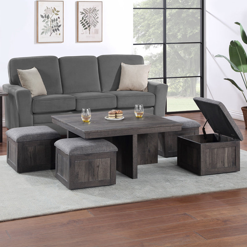 Table basse carrée avec 4 tabourets de rangement rustiques, Rustique