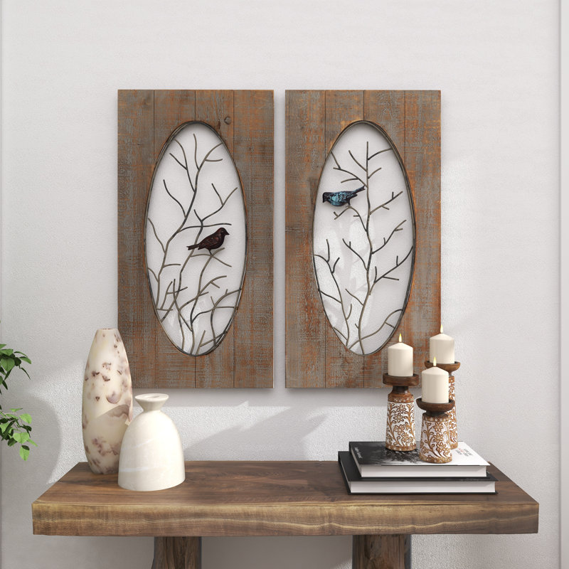 Décoration murale oiseau en bois brun avec branches d'arbre