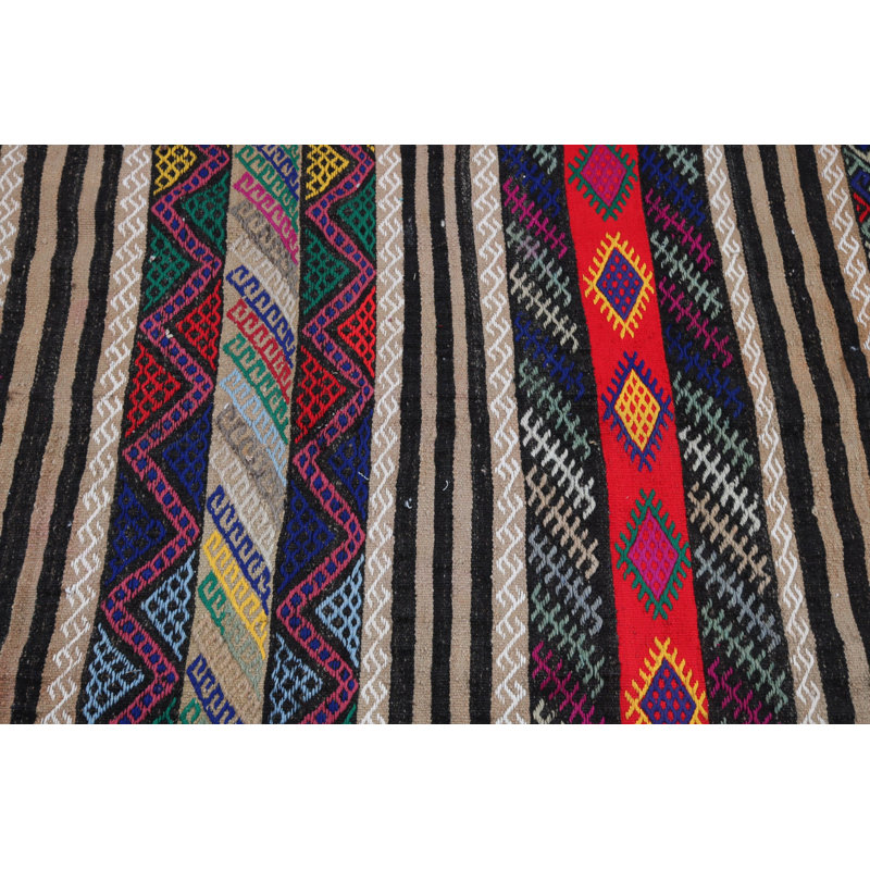 Tapis kilim anatolien rétro tissé à la main avec broderie complexe et motif rayé saisissant