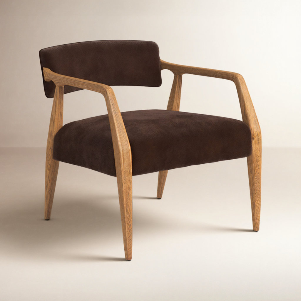 Berthe Oak Genuine Leather Armchair, Surrey Cocoa Performance Velvet