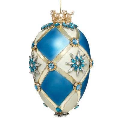 Faberge Jewel Egg Ornament , Blue/Ivory - 7 Inches
