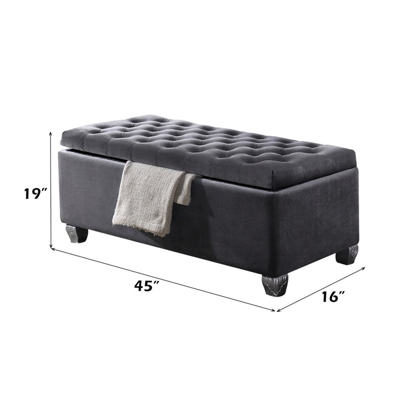 Banc de rangement gris sans dossier avec accoudoirs sans dossier et rembourré en velours, structure en bois d'eucalyptus, pieds en caoutchouc, capacité de 300 lb, profondeur de siège de 16 po, revêtement de niveau 19 po