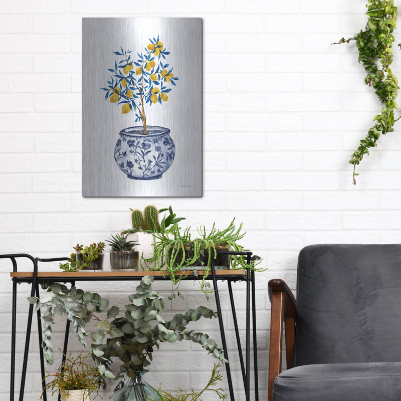 Art mural en métal luxueux «Lemon Tree In Chinoiserie 1» par Yvette St. Amant, H 16 po x l 12 po