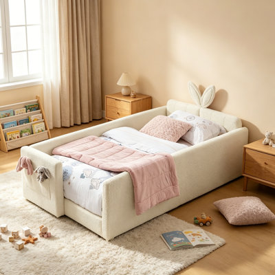 Twin Size Cute Rabbit Ear Boucle Platform Bed with Safety Rail & Side Pocket