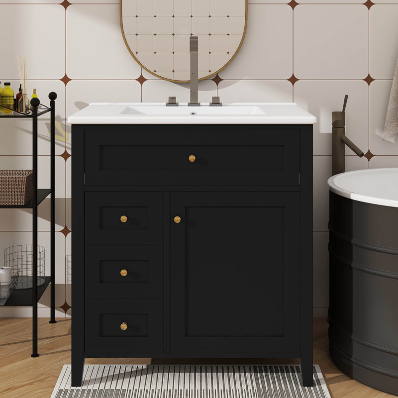 30-Inch Independent Bathroom Vanity With Sink, 3 Left-Side Drawers, Right Cabinet With Adjustable Shelves, Black