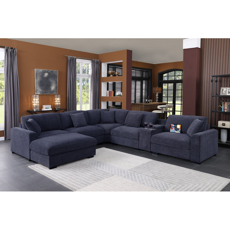 Modern Upholstered Cloud Modular Corner Sectional Sofa With Consoles, Dark Blue Chenille, 36" H x 137.5" W x 124" D