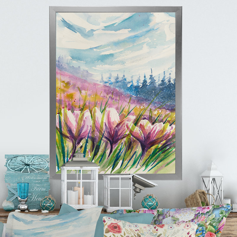 «Crocuses Meadow In Abstract Mountains», art mural traditionnel sur toile, Toile avec cadre photo argenté